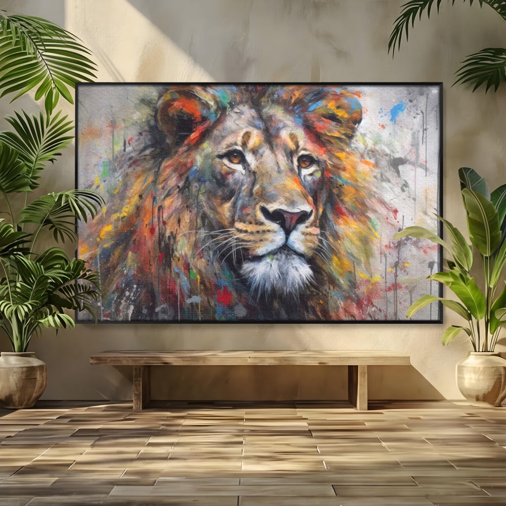Tablou canvas cu tablou canvas cu leu colorat, in rama de aluminiu negru
